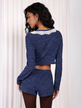 COSMINA 2pcs Women's Solid Patchwork Button Front Long Sleeve Top And Shorts Set